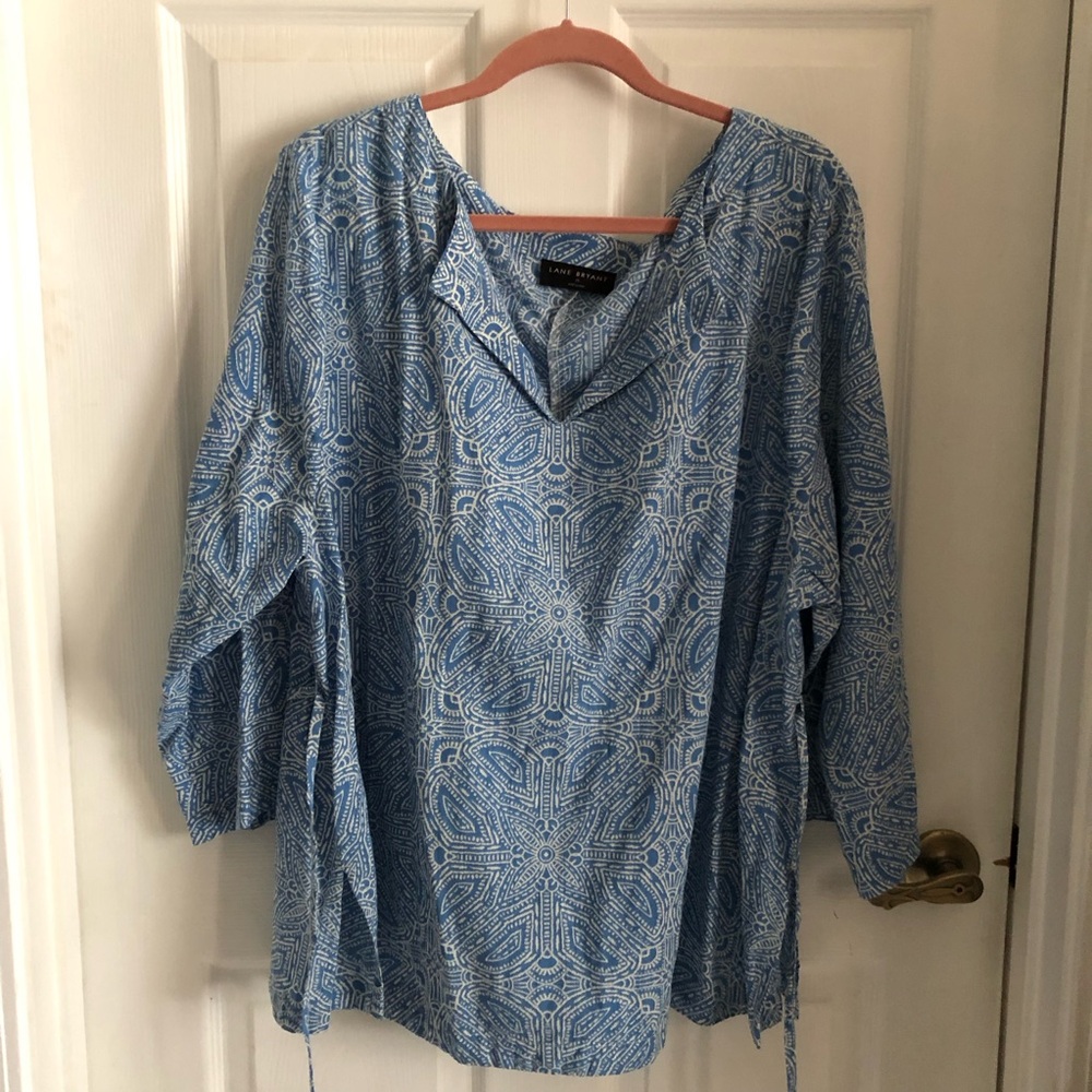 Lane Bryant tunic notch neck flap blue white paisley tile pattern tie waist - Picture 2 of 14